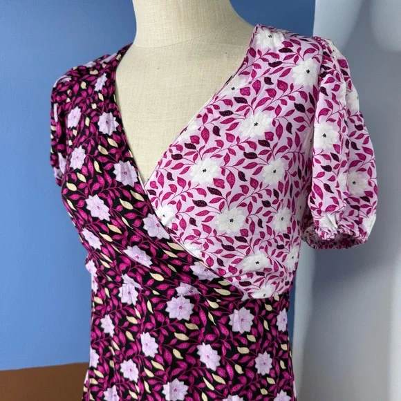 Ann Taylor Mixed Floral Wrap Midi Dress Black Pink Size 2 Petite - Picture 9 of 9
